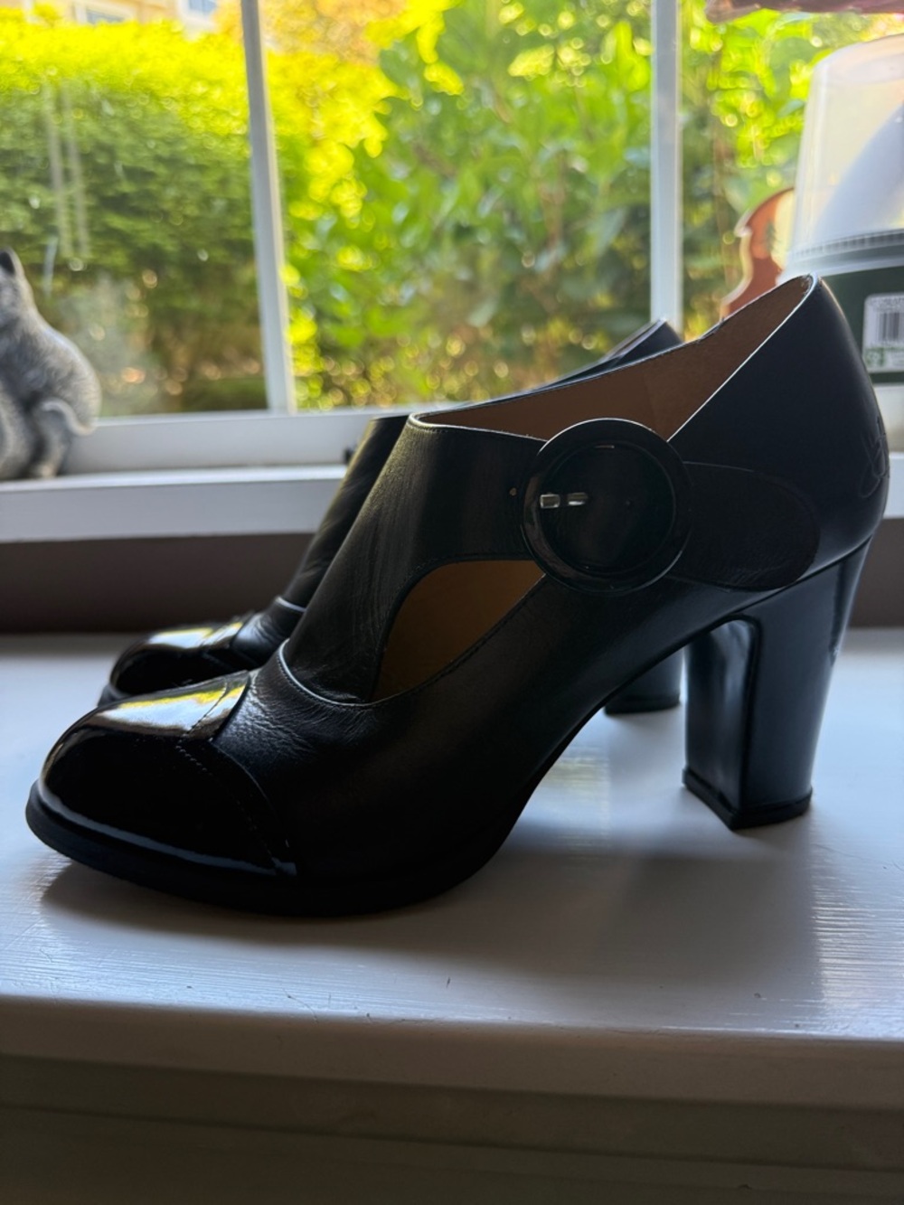 John Fluevog Black Mary Jane Heel with Round Buckle (Joyce attic side buckle)